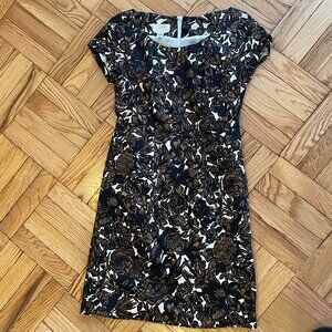 Talbots Black and Brown Floral Dress with Cap Sleeves